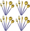 Gugrida 20-Piece 18/10 Stainless Steel Flatware Silverware, Luxury Dinnerware Set Travel Cutlery Tableware Include Knife Fork Spoon Service for 4, Dishwasher Safe (Purple Handle Matte Gold)