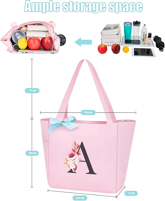 Vavabox Tote Bag, A-Z Initial Monogrammed Waterproof Tote Bag, Bridesmaid Gifts for Women, Black and Pink