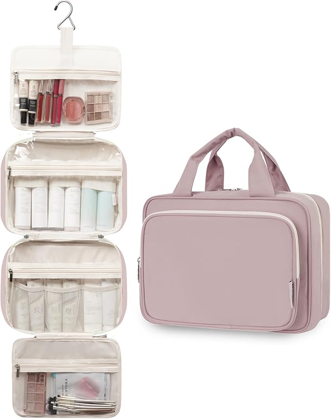 Travel Toiletry Bag for Women Large Hanging Makeup Bag Organizer Toiletries Bag for Full Size Essentials Accessories Cosmetics (Dusty Rose (Large))