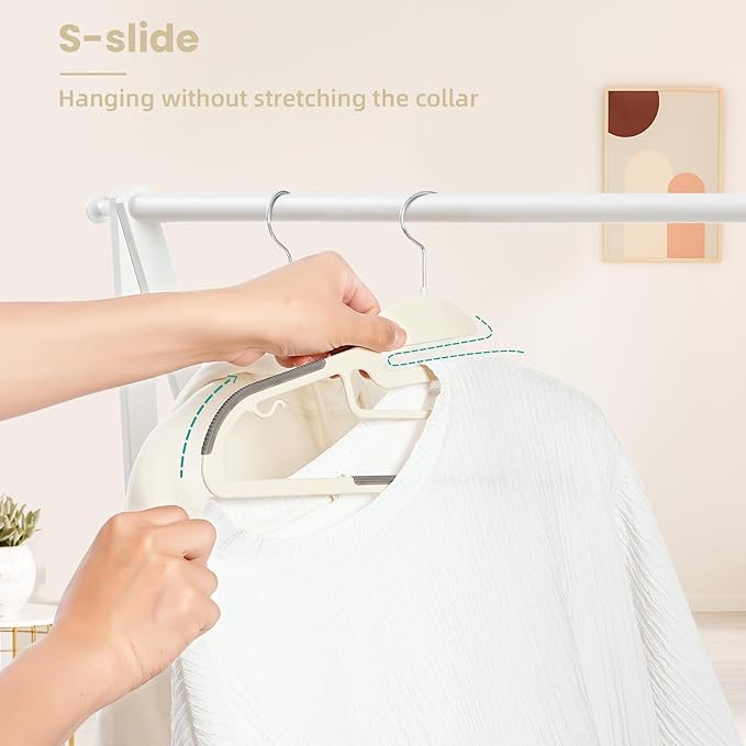 BAGAIL Plastic Hangers 50 Pack with Non-Slip Design,0.2 Inches Thick, 360°Swivel Hook Space Saving Organizer for Bedroom Closet,Shirts,Pants(Beige- S Shaped)