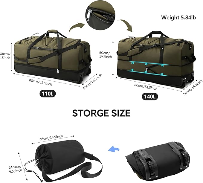 110L/140L Expandable Soft-Sided Foldable Duffle Bag with 2 Rubber Wheels,Packable 32” Rolling Carry-On with Multi-Pockets & Compartments,Army Green