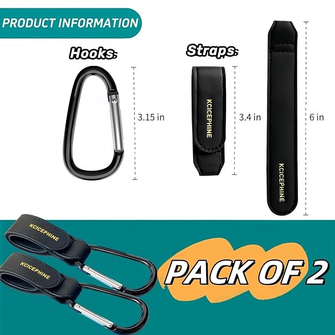 2 Pack Stroller Hooks, Stroller Straps for Diaper Bags,Adjustable Stroller Carabiner Clip,Baby Stroller Accessories for nuna,Uppababy,Bob,Hook for Bike,Scooter,Wheelchair,Walker Accessories（Black）