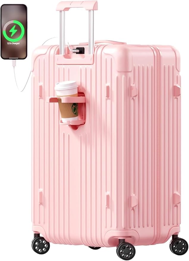 Krute 28 inch Luggage with Spinner Wheels Checked Suitcases with USB Port and Cup Holder TSA Lock PC+ABS Hardside Luggages