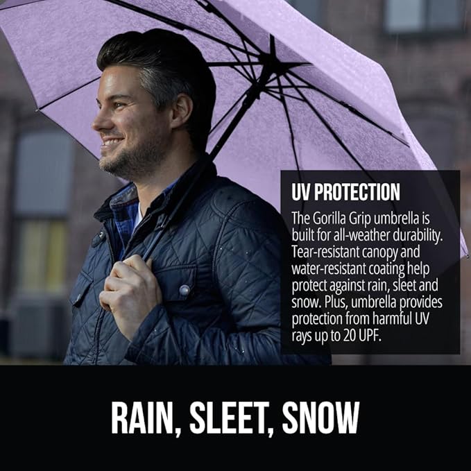 GORILLA GRIP Strong Stick Umbrella for Rain, Compact Travel One-Click Automatic Open Close, Lightweight, Portable, US Designed Reinforced Fiberglass Ribs, Wind Resistant, Easy Collapse, Purple