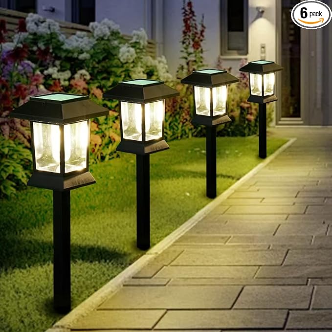 6 Pack Solar Pathway Lights Outdoor Waterproof, Dual-Use Stake & Hanging Lantern, 17 Inch ABS Warm White 3000K, 1000mAh Ni-MH Battery & Monocrystalline Panel, Auto On/Off for Garden Yard Patio Walkway