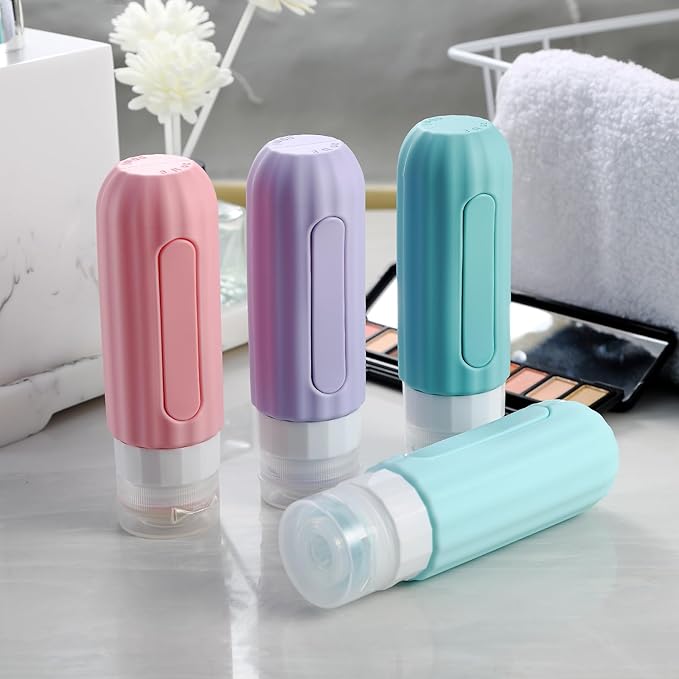 Travel Bottles for Toiletries, TSA Carry On Approved Toiletries Containers, 3 Ounce Leak Proof Squeezable Silicone Tubes, Refillable Accessories Shampoo Body Wash Liquids (4 Pack), Pink
