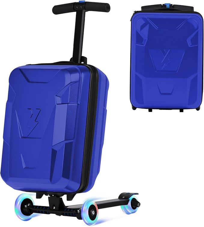 smilesun Scooter Suitcase for Kids & Adults, Foldable Carry On Travel Luggage, Hardside Ride on Scooter Suitcase with LED Light up Wheels，Blue