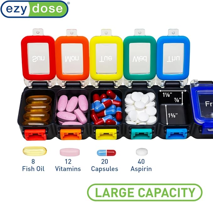 EZY DOSE Weekly (7-Day) Daily Pill Planner, Medicine Case, Vitamin Organizer Container, Waterproof Locking Compartments to Secure Prescription Medication and Prevent Accidental Spilling, Rainbow