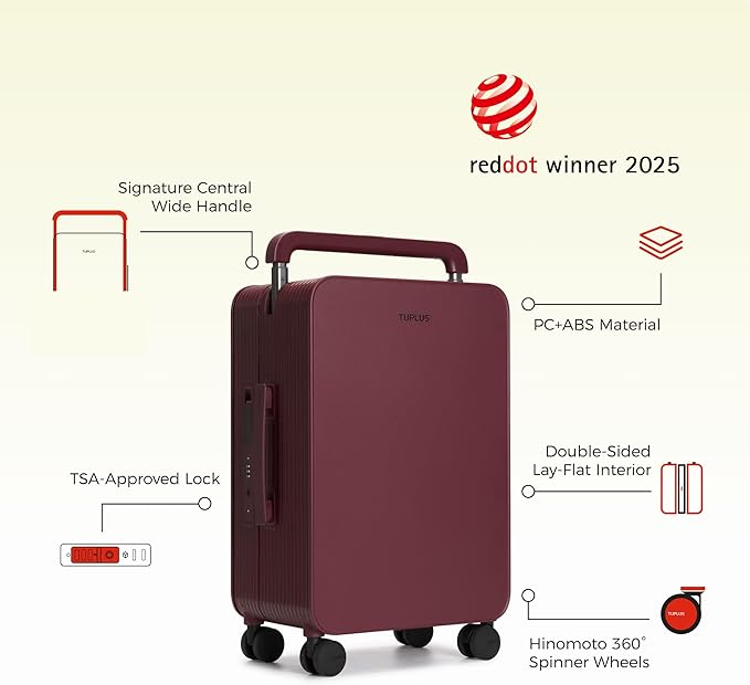 TUPLUS 20” Carry-On Hardside Luggage Lightweight ABS Travel Suitcase with Wide Handle Spinner Wheels TSA Combination Lock, Balance Series 2.0,Cranberry Red