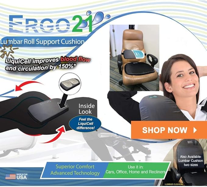 Neck & Back Support Lumbar Roll Made of Liquid Filled Membranes | Chair Back Support at Home, Office Chairs, Bed | Relief from Lower Back Pain, Neck Pain| Size, (16”W x 10”x 2”)