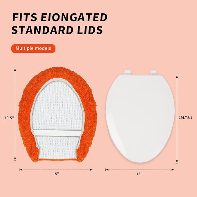 Microfiber Elongated Toilet Seat Cover 19.5"x 15" Machine Washable Solid Toilet Lid Cover Adjustable Rubber Backing Fits Most 18-19.5" L x 14-16" W Elongated Toilet Seat