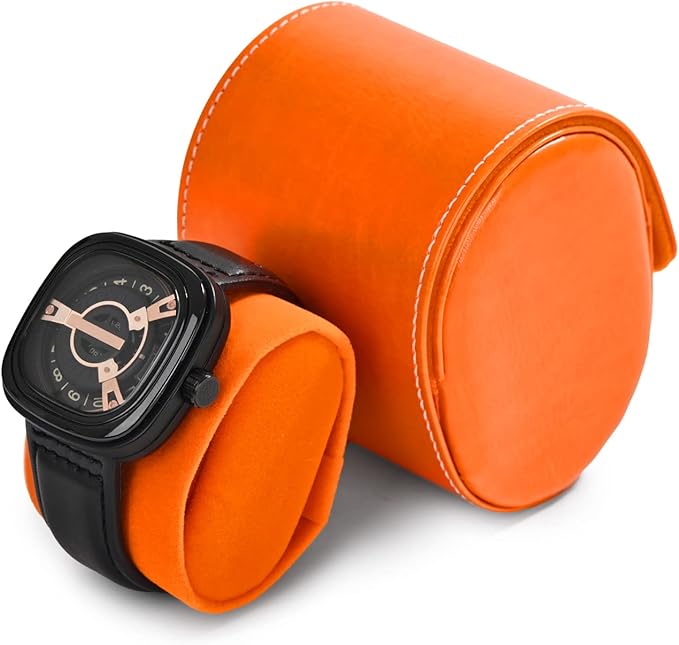 Oirlv Luxury Leather Travel Watch Case Single Watch Box for Women Portable Jewelry Watch Storage Roll Organizer(Orange)