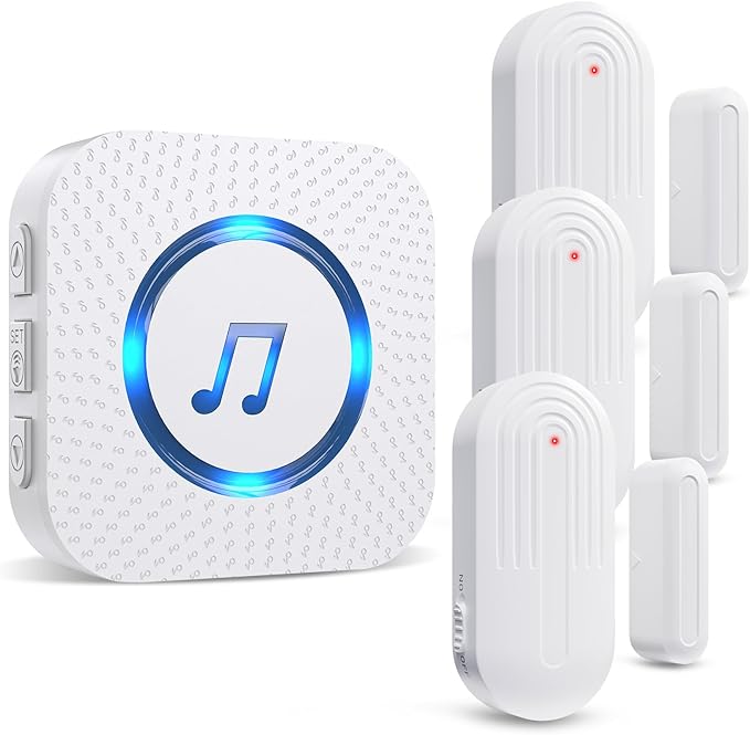 SanJie Door Sensor Chime for Door Opens， Door Entry Chime for Business/Home/Office/Store,500 FT Range,26 Chimes 5 Adjustable Volume Door Ringer Alert 3 Sensors + 1 Receivers