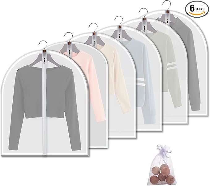 Plastic Garment Bags Clothing Storage Bags Hanging for Closet Storage Cloth Bags with Zipper for Suit,Dress, Coat Travel Closet Clear Garment Bags Dust Garment Cover-24"X31"/6 Pack