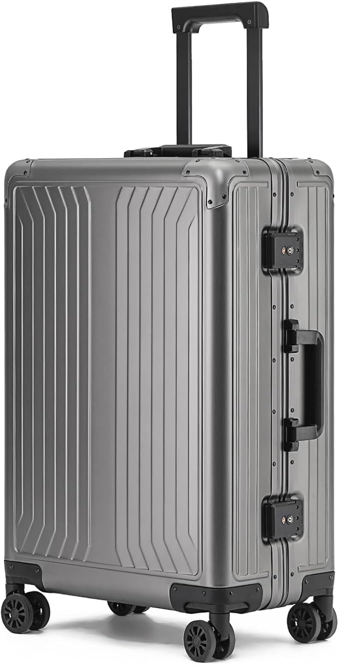 Metal all aluminum carry-on suitcase 20 "hard face, TSA lock and rotating wheel zippered luggage set (dark grey, 24 '')