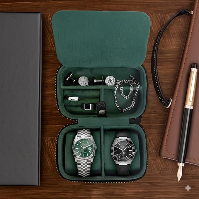 Galis Luxury Watch Case for Men High End Portable 2-Slot Watch Holder and Watch Case for Travel, Premium Watch Box for Men, Jewelry Storage Organizer, Gift for Him, Fathers, Husband (Black & Green)