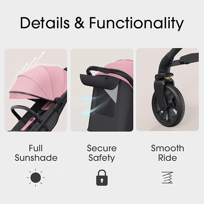 newyoo Baby Travel Stroller, Compact & Airplane-Friendly, Lightweight Infant/Toddler Stroller w Telescoping Handle, Cup Holder & Storage Pocket, One-Hand Easy Fold, Near Flat Recline Seat, TR18, Pink
