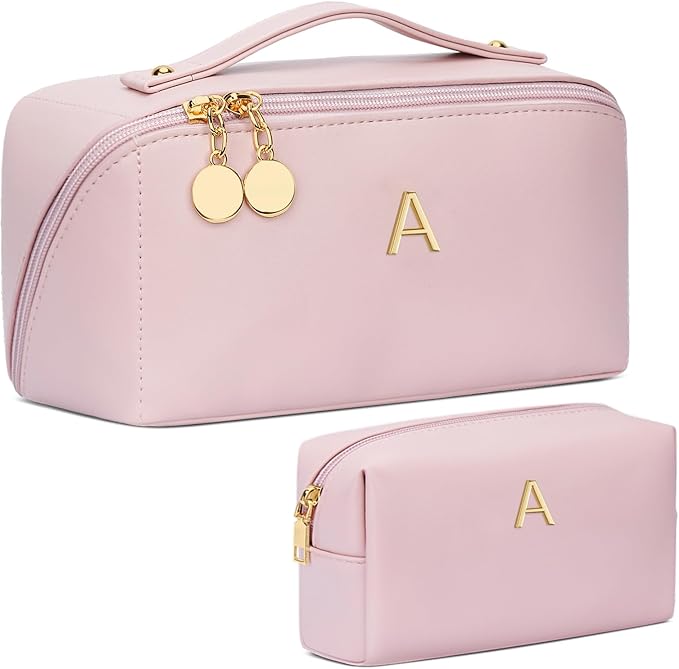Birthday Gifts for Women Teen Girl, Personalized Initial Makeup Organizer Bag Set, Open Flat Travel Cosmetic Bag With Clear Divider and Handle(Pink,A)