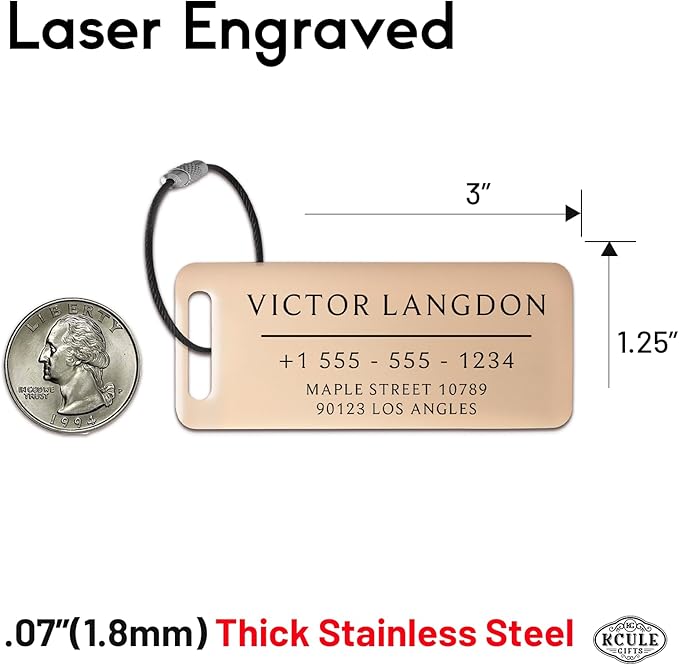 Personalized Luggage Tags for Suitcases - Stainless Steel Custom Luggage Tags for Backpacks & Bags, Sturdy, Waterproof & Heavy Duty (Rose Gold / 3" x 1.25")