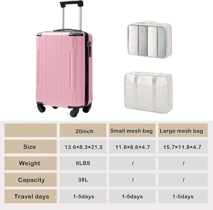 Merax Carry on Luggage Set, 20 Inch Hardshell ABS Suitcase with Spinner Wheels, Built-in TSA Lock & 2 Packing Cubes Airline Approved for Business Weekend Travel