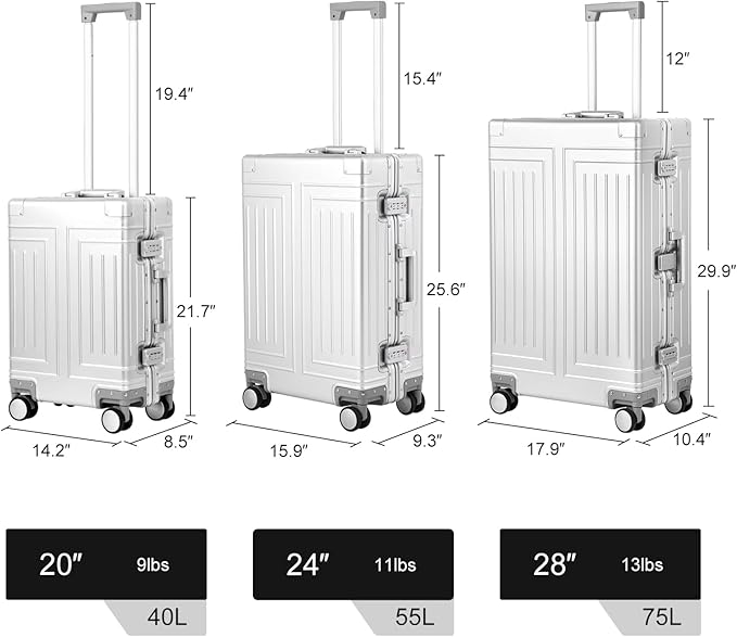 All Aluminum Magnesium Carry On Luggage，Cut from Whole Aluminum Sheet，22x14x9 Airline Approved ，（3rd Generation，Premium Magnesium Metal zipperless suitcase ） (silvery, 24inch)
