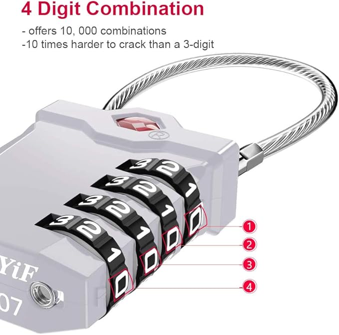 ZHEGE TSA Approved Lock, 4 Digit Cable Luggage Lock, Travel Lock with White Number, Flexible TSA Cable Lock for Suitcase, Gym Locker, School Locker, Easy to Read (1 Pack, Sliver)