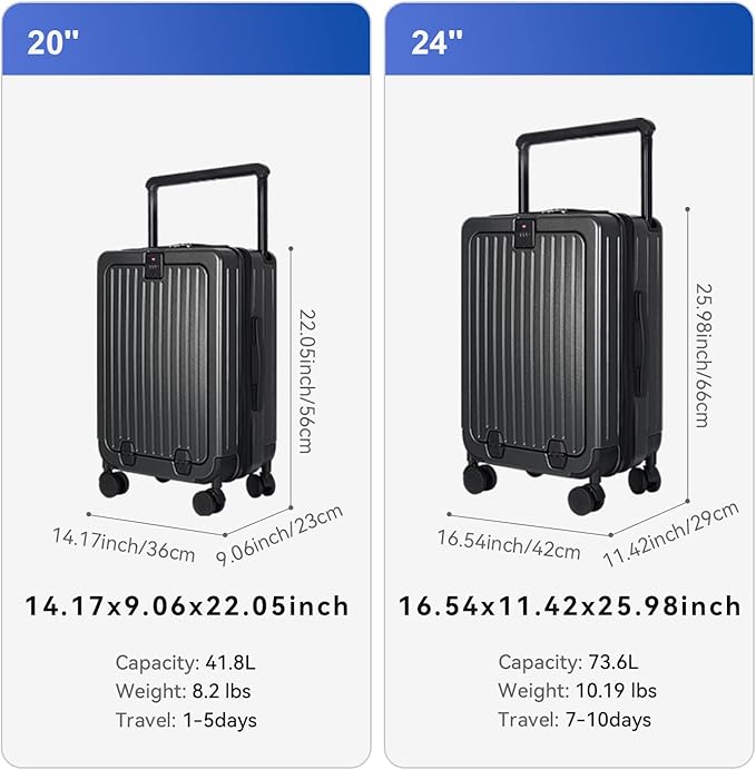 SOKOK Front Pocket Luggage with Spinner Wheels, 24'' Wide Handle Travel Suitcase PC Hardshell Multifunctional Luggage with Charging Port and Cup Holder, Graphite