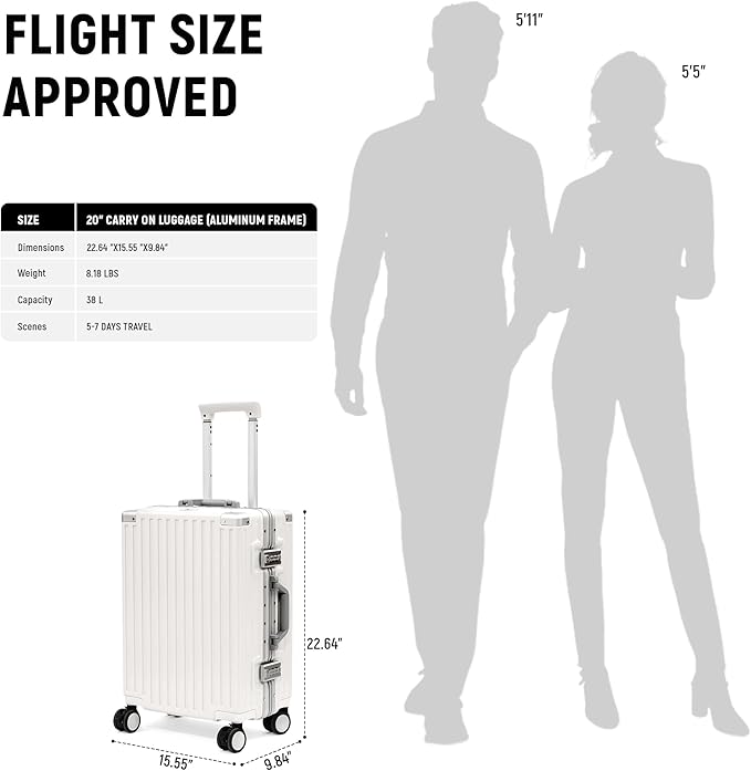 UrbanExplorer 20 Inch Carry On Luggage Aluminum Frame Airline Approved, Zipperless Luggage Carry On TSA Approved ABS+PC Hard Shell Suitcases, Lightweight Carry-On Suitcase with Cup Holder, White