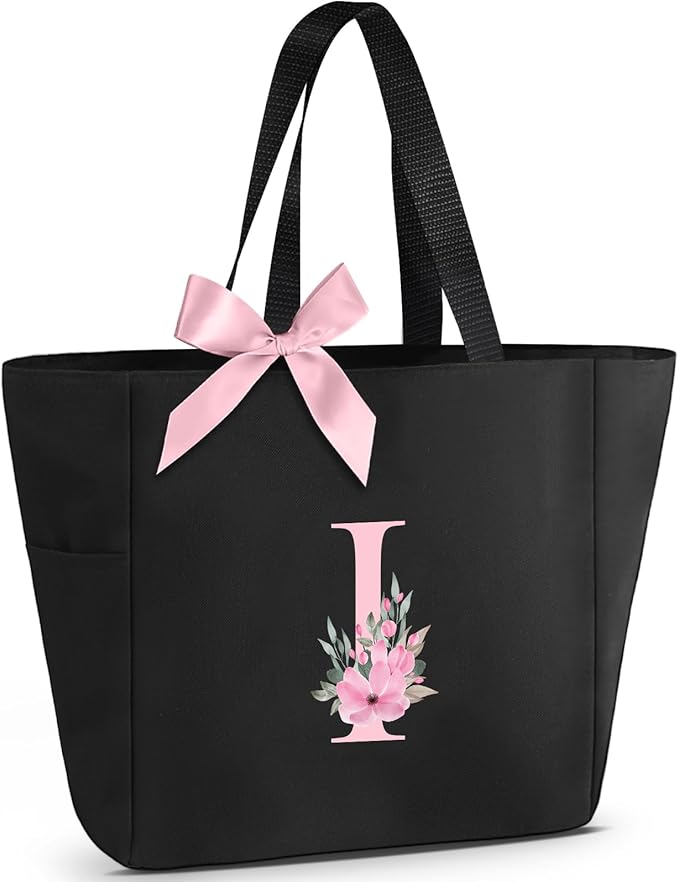 Vavabox Tote Bag, A-Z Initial Monogrammed Waterproof Tote Bag, Bridesmaid Gifts for Women, Black and Pink