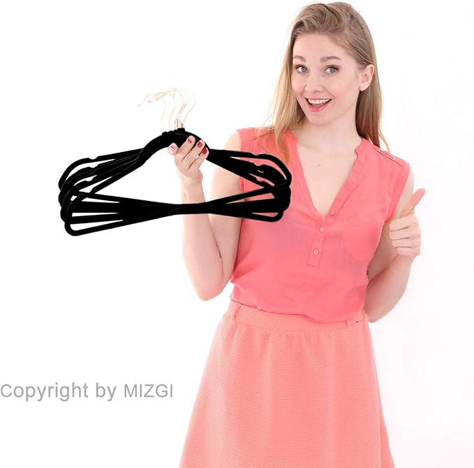 MIZGI Premium Velvet Hangers (50 Pack) Heavy Duty - Non Slip Felt Hangers - Velvet Suit Hanger Black - Rose Gold Hooks,Space Saving Clothes Hanger