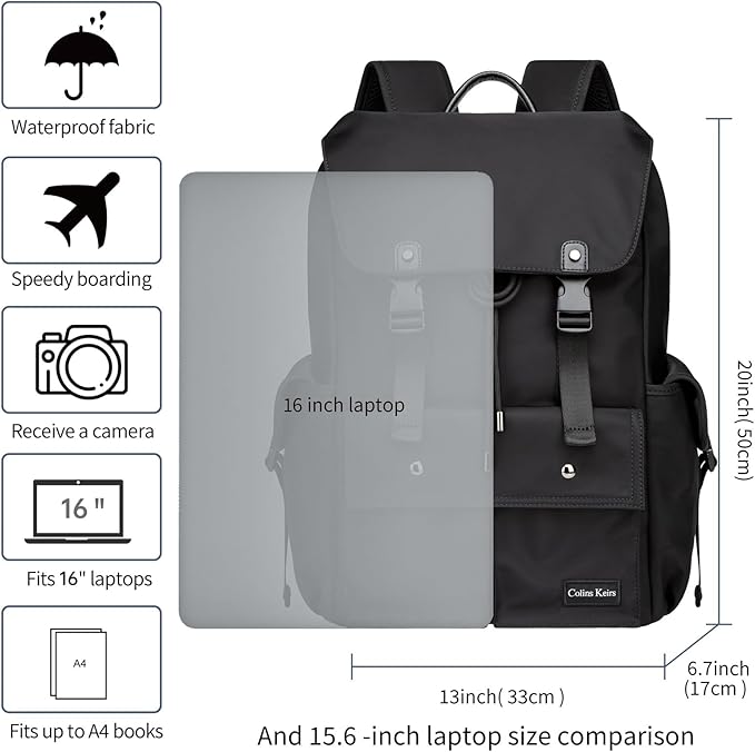 Black backpack for men, 16 inch laptop backpack with computer compartment, Drawstring slim waterproof tech backpack for travel, work, college or daily use, Large 30 L