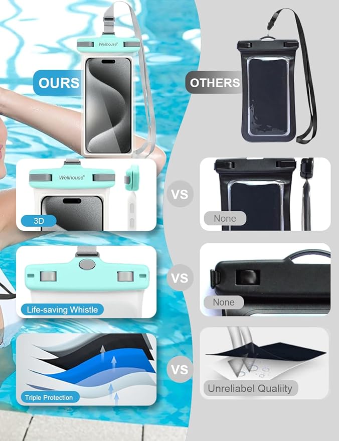 wellhouse Waterproof Phone Pouch, Waterproof Phone Case for iPhone 16 15 14 13 12 Pro Max XS Samsung, IPX8 3D Cellphone Dry Bag Beach Essentials (2 Pack - Black & Green7.0， 7 inch)