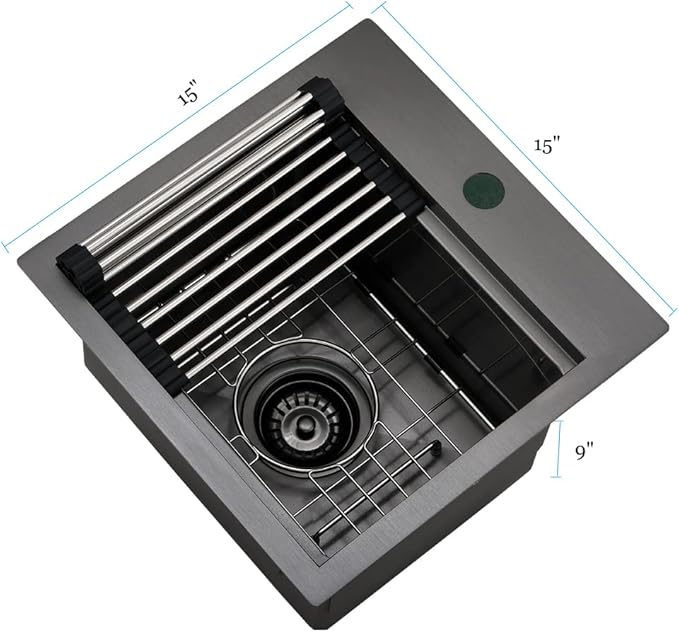 15 Inch Black Bar Sink Drop In Workstation-Bokaiya 15x15 Drop In Bar Sink Small Kitchen Outdoor Rv Sink 16 Gauge Black Stainless Steel Single Bowl Kitchen Sinks with Cutting Board