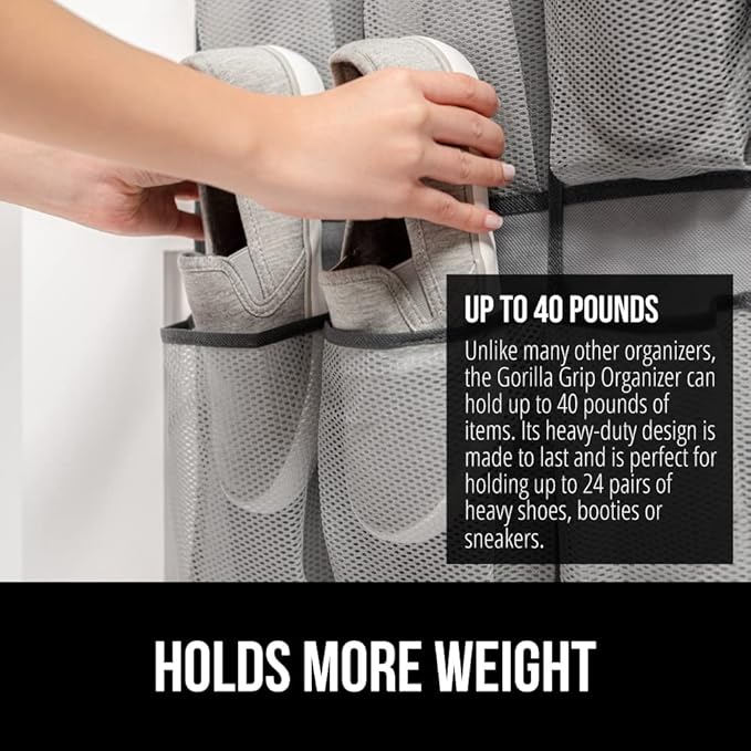 GORILLA GRIP Over the Door Shoe Organizer, 2 Pack, 24 Breathable Mesh Pockets, Space Saving Hanging Storage Holder, Closet Rack Hanger Holds Up to 40 lbs, Hangs on Closets, Shoes, Accessories, Gray
