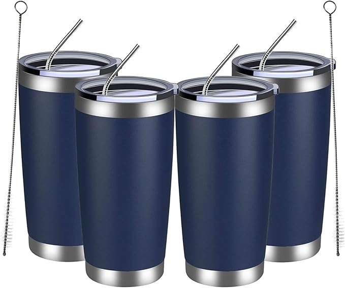 MEWAY 20oz Tumbler 4 Pack Double Wall Vacuum Insulated Travel Mug Bulk, Stainless Steel Tumblers with Lid and Straw, Durable Powder Coated Coffee Cups for Cold & Hot Drinks (Navy, 4)