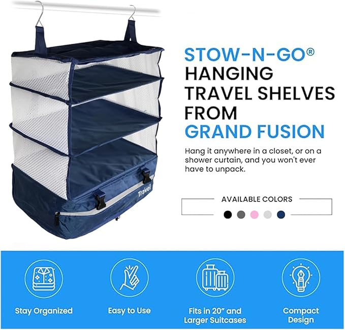 Grand Fusion Stow-N-Go Travel Luggage Organizer – Portable Hanging Travel Shelves, Carry-On Closet Organizer, Hanging Packing Cubes, Collapsible Carry-On Organizer for Cruises & Hotels. Blue - XL