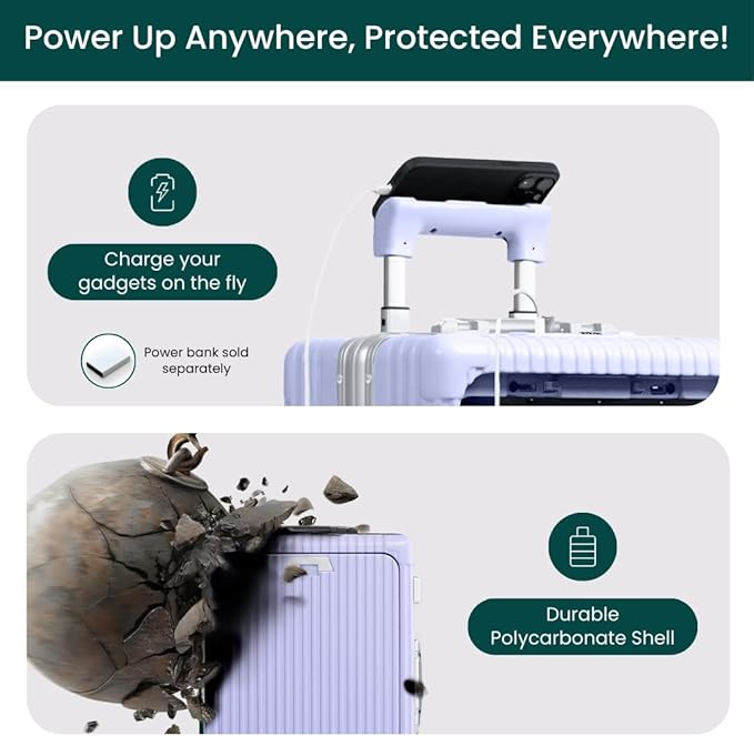Nobl Travel Carry On Luggage, Noble Zipperless Aluminum Frame PC Hard Shell Suitcase, 20.8"x15"x8.7" Airline Approved, 360° Spinner Wheels, TSA Locks, USB Charging Port, Cup & Phone Holder - Lavender