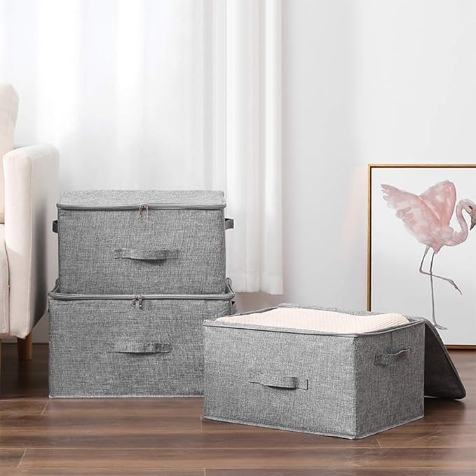 ANMINY 3PCS Storage Bins with Zipper Lids 36 Qt Lidded Fabric Storage Boxes Baskets Cubes with Handles Collapsible Washable Cotton Linen Closet Shelf Clothes Organizer Containers - Gray, Large