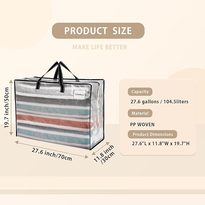 VENO 6 Pack Heavy Duty Moving Bags, Storage Bags, Packing Supplies, Top Zipper, Storage Totes for Camping, Clothes, Bedding, Comforters, Pillows (27 Gallon Clear, 6 Pack)