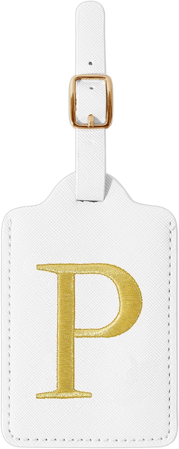 Personalized Initial Luggage Tags for Suitcase TSA Approved, White Leather Cute Luggage Tag with Privacy Cover Name Card, Embroidered Custom Luggage Tags Travel Baggage Tags Gifts for Women Kids(P)
