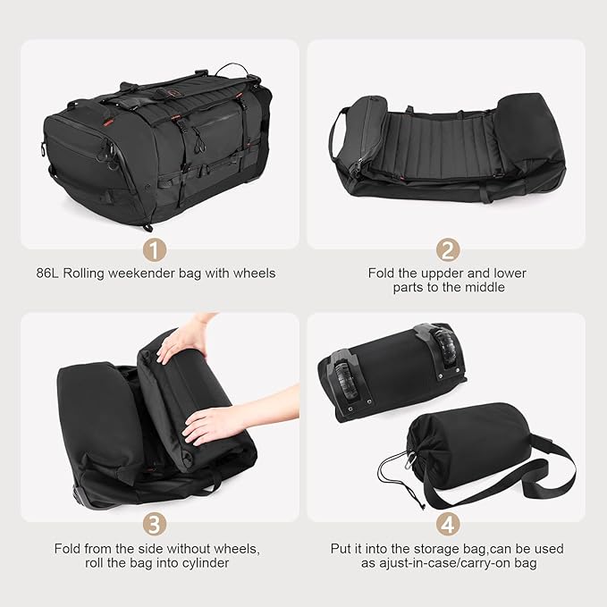 Rolling Duffle Bag with Wheels,86L 30”Folding Duffle Backpack with 2 Wheels,Travel Bag with Separate Shoe Compartment,Black
