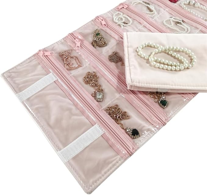 Travel Jewelry Roll Bag Portable Organizer Pouch With Grids&PVC Cover Storage Bags for Necklace, Bracelet, Bracelet,Ring, Badge, Pendant
