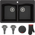 KRAUS Forteza 33-inch Drop in/Undermount 50/50 Double Bowl Granite Kitchen Sink in Black, KGD-52BLACK