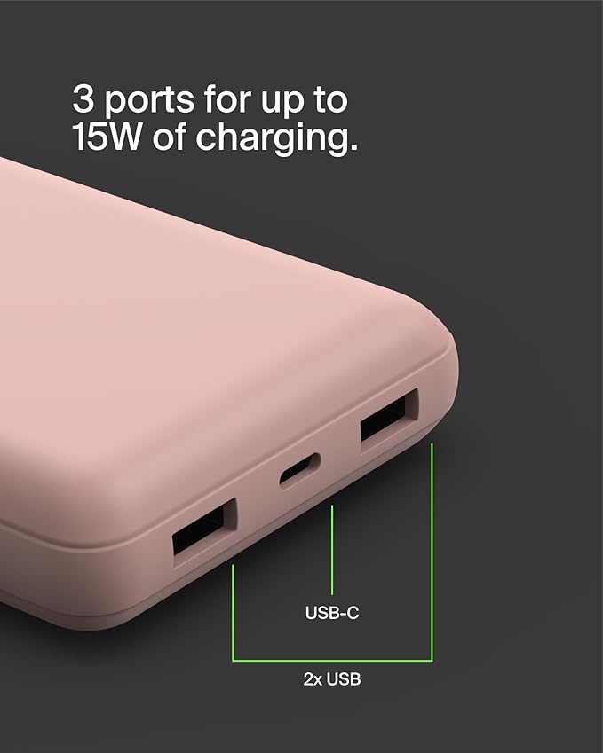 Belkin Portable Charger, USB C Power Bank 20000 mAh w/ 1xUSB-C Port & 2xUSB-A Ports, 15W w/ Type-A to Type-C Cable for iPhone 16, Plus, Pro, Max, Samsung Galaxy S25, Google Pixel 10, etc. - Rose Gold