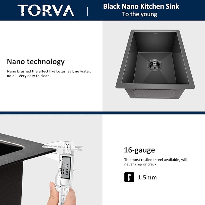 TORVA 14 x 14 Inch Gloss Black Undermount Kitchen Sink, PVD Coated Gunmetal Sink，16 Gauge T-304 Stainless Steel Single Bowl Wet Bar or Prep Sink with Zero-Radius Corners, Dark Grey