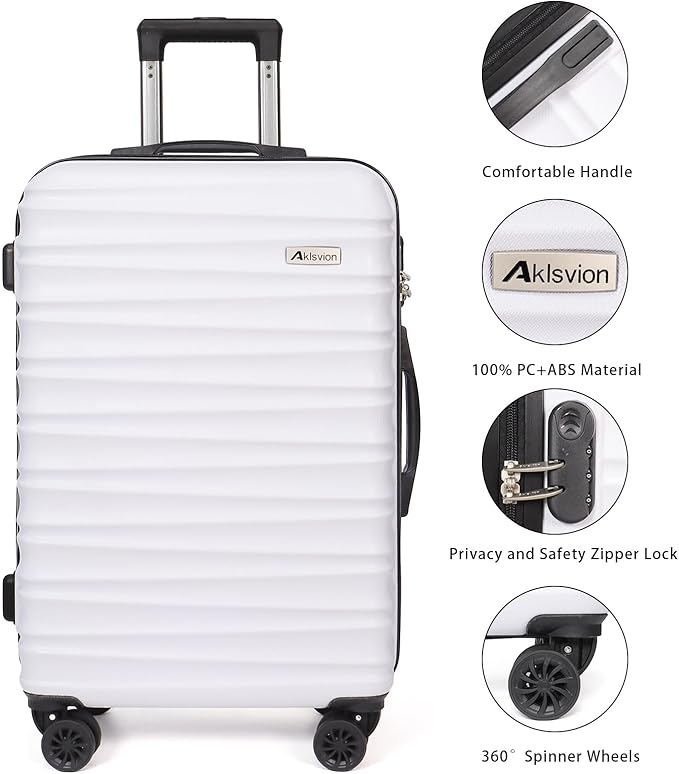 Luggage Set 3 Pieces (20/24/28) -Suitcase Set - Carry on Luggage with Wheels - Check-in Luggage - PC + ABS Durable Suitcase Rotating Silent Wheels Hardside Luggage with Spinner Wheels,5pcs (White)