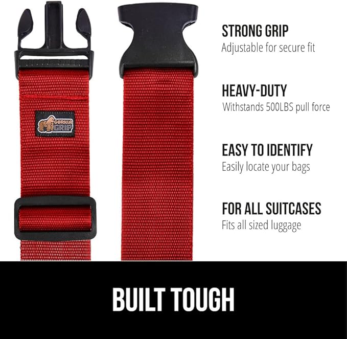 GORILLA GRIP Heavy Duty Adjustable Luggage Straps for Suitcases, Easy to Identify Travel Belt Connector Holds Suitcase Together, Extends Life of Bag, Strap Connects Two Bags, Accessories 2 Pack Red
