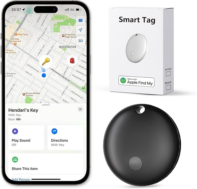 Tracker Tags, Item Finder Work with Apple Find My (iOS Only), Tracking Device Locator Smart Tag for Luggage, Keys, Wallet, Bike, Pets, Bags (Black, 1 Pack)