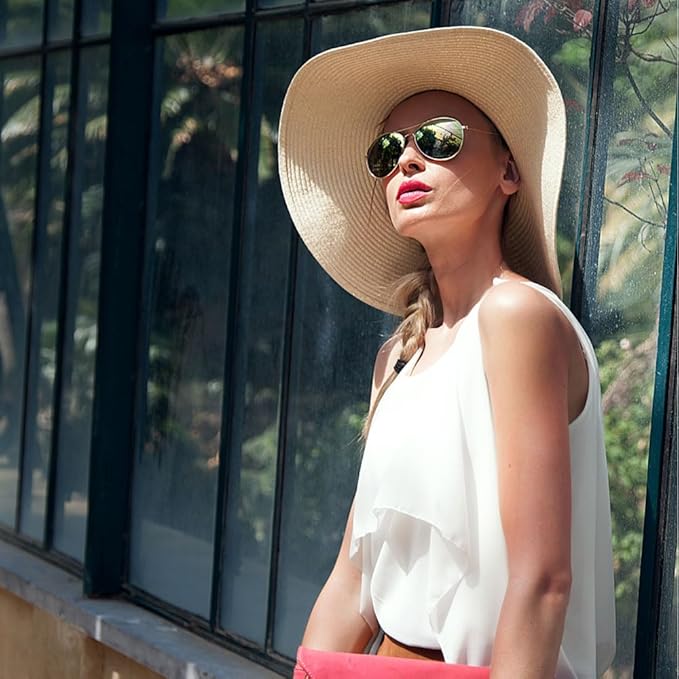 DRESHOW Beach Hats for Women Big Straw Wide Brim Summer Hat Floppy Foldable Roll up Cap Sun Hat UPF 50+