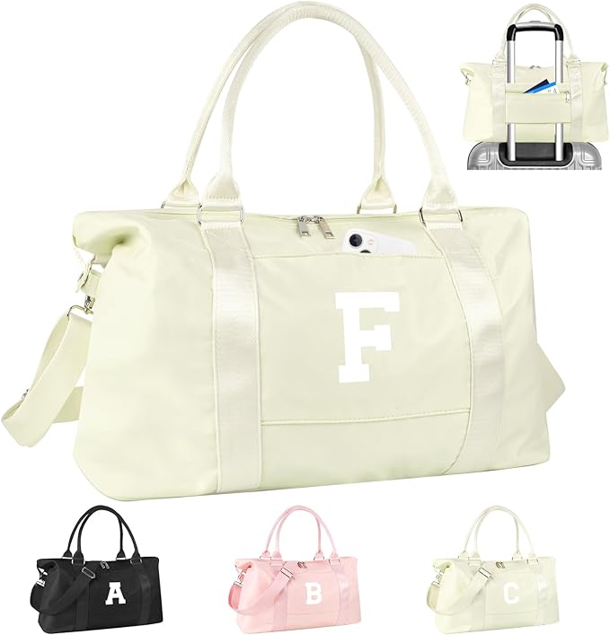 Initial Travel Duffel Bag Sports Gym Bag for Kids Teen Birthday Gifts,Beige Personalized Weekender Bag Carry On Dance Bags for Women Men,Waterproof Monogram Overnight Bag with Trolley Sleeve(Letter F)